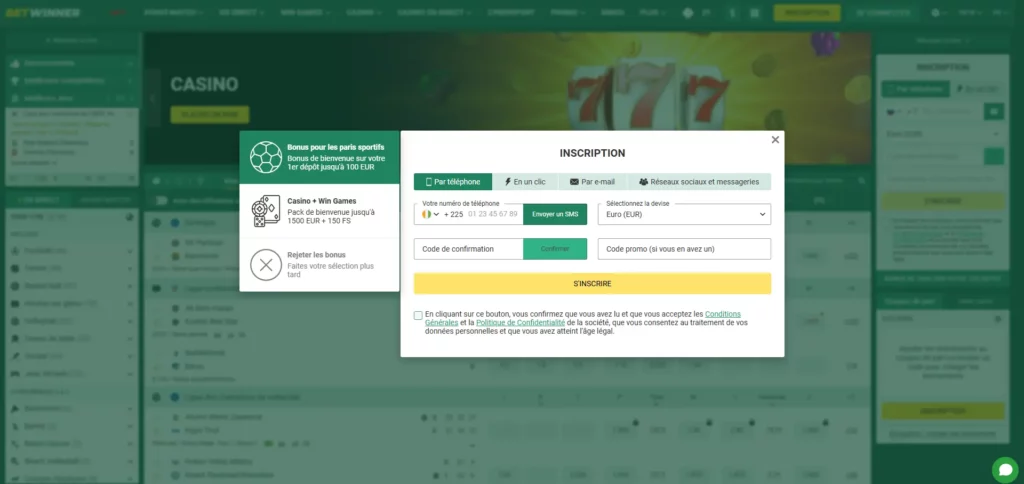 Inscription avec Betwinner App